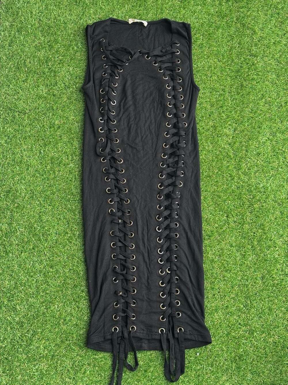 Hot & Delicious Black Double Lace-Up Sleeveless Bodycon Dress Size L
